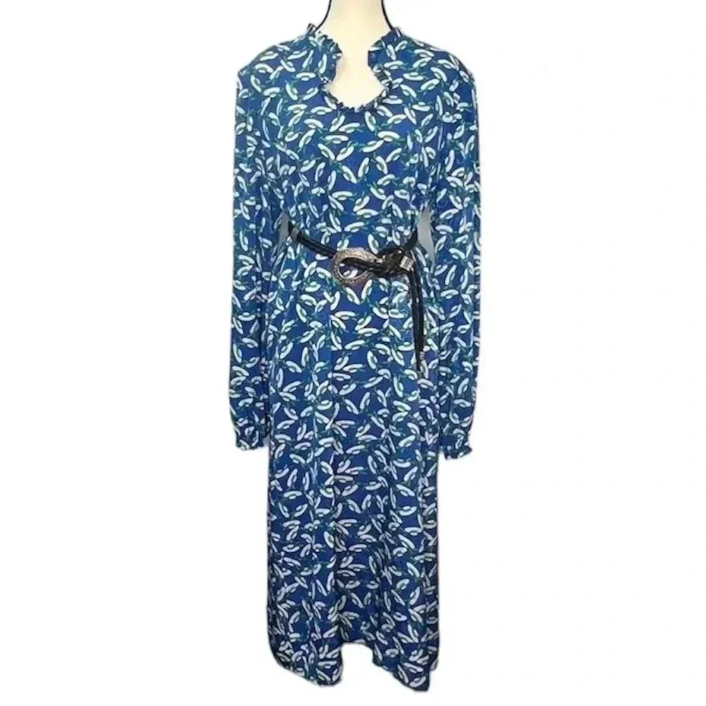 VTG 60’s Novelty Print Ruffle Neckline Long‎ Balloon Sleeves Maxi Dress Sz XL